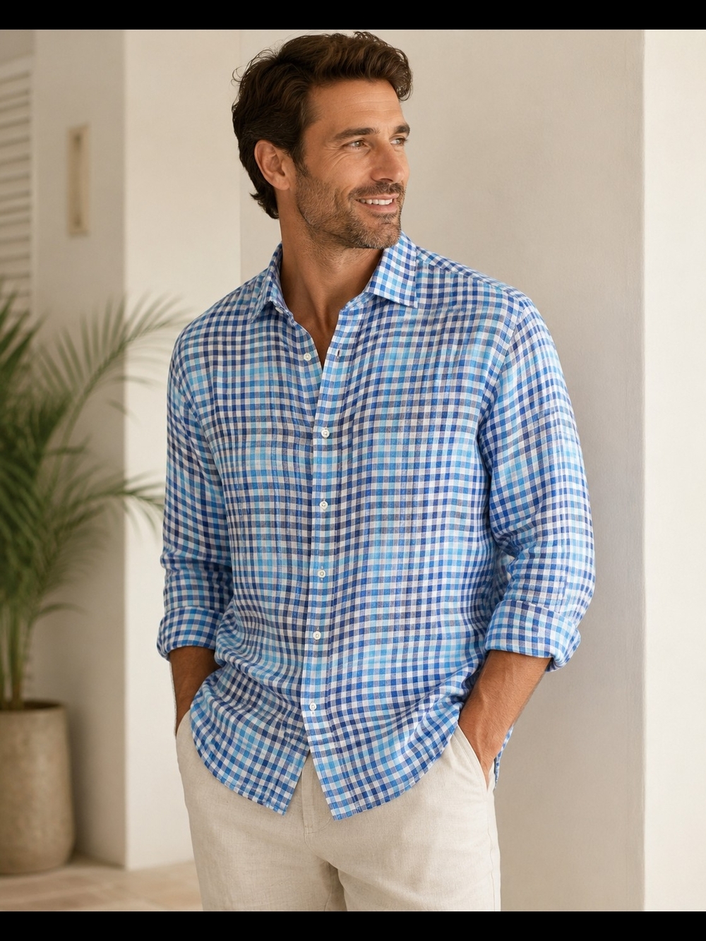 Cremieux Collection Men’s XL 100% Linen Gingham Shirt Blue Long Sleeve
